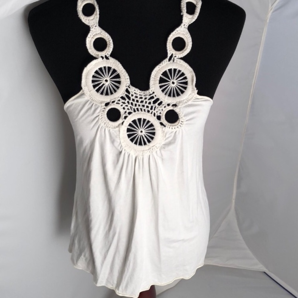 Max Studio crochet neckline drapey top M